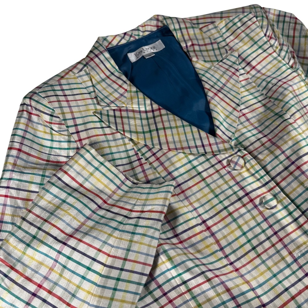 Vtg Kay Unger‎ Silk Plaid Blazer  10 Tailored Fitted Statement Jacket Wedding